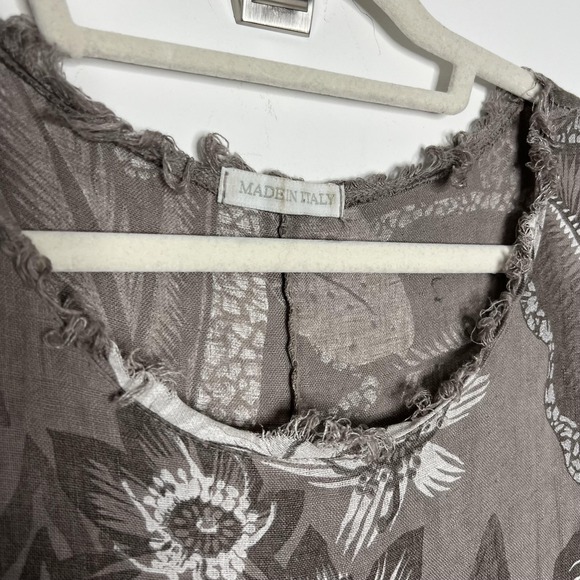 Linen Dress Womens XL Gray Boho Floral Sleeveless Fringe Hem Pockets Italy - Picture 2 of 9